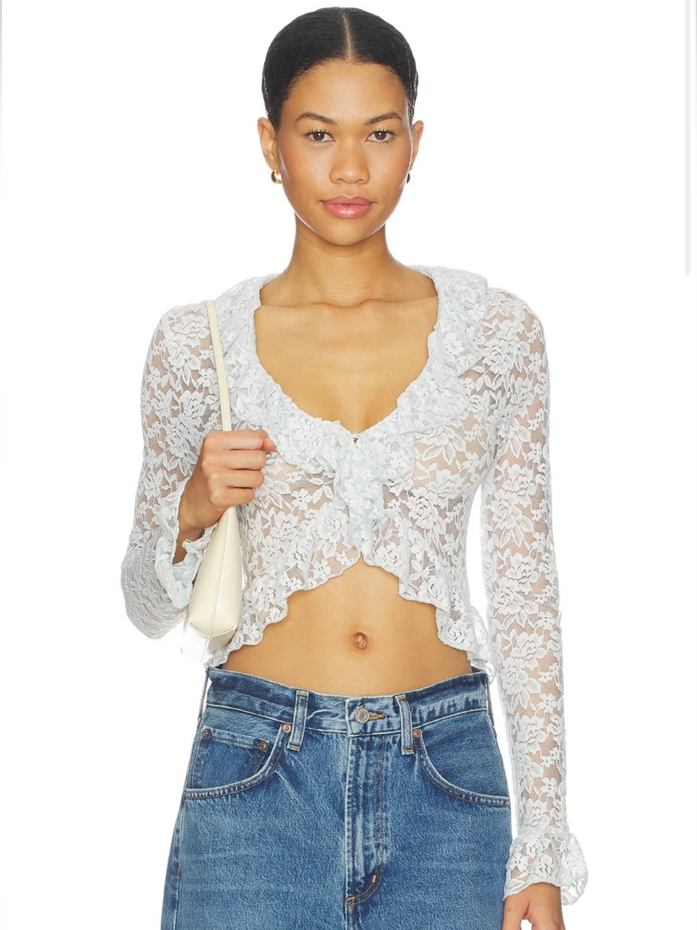 Lioness White Sheer Lace Ruffle Crop Top